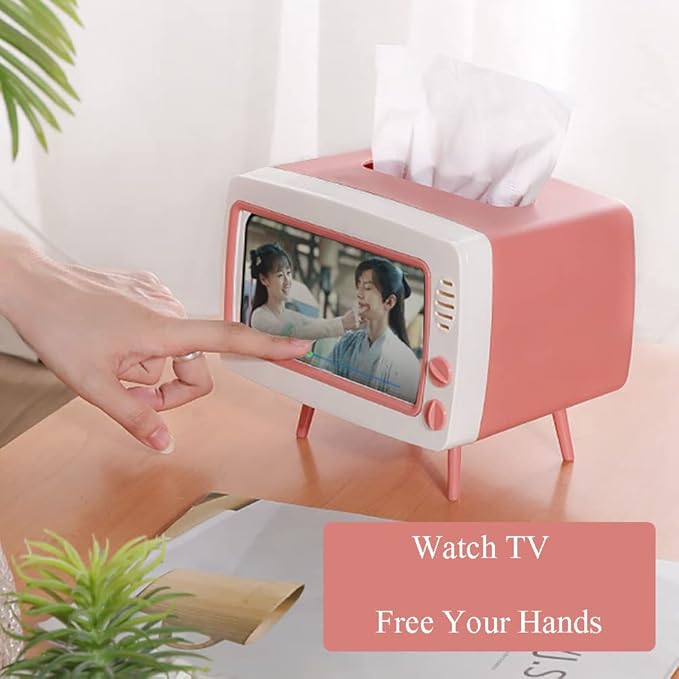 Fun Cute TV Tissue Box Holder,Multi Functional Square Tissue Box Cell Phone Holder for All Smartphone Toilet Paper Napkin Box Desktop Decoration for Room Bathroom Kitchen Dining (Pink)