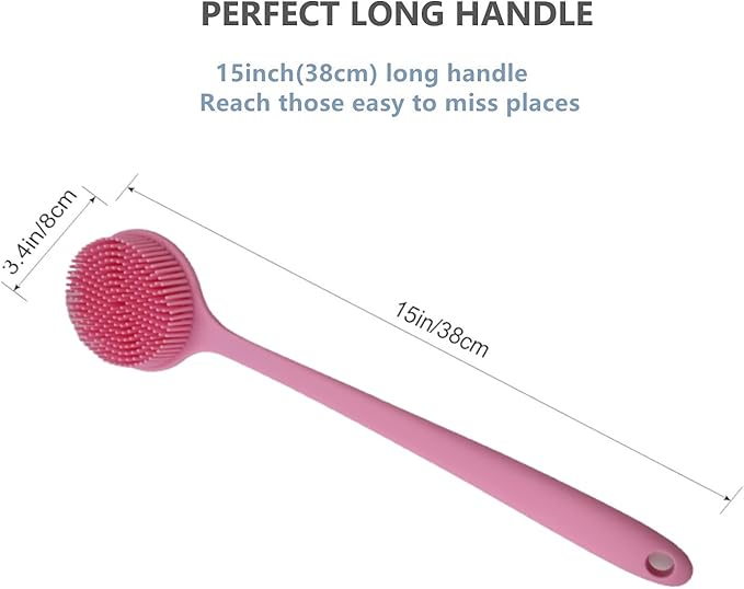 Long Handle Silicone Body Scrubber for Shower, Dual-Sided Back Scrubber Brush with Soft Bristles&Massage Nodes, Exfoliating Bath Brush for Hard to Reach Areas, Easy to Clean & Quick Dry, for Daily Use