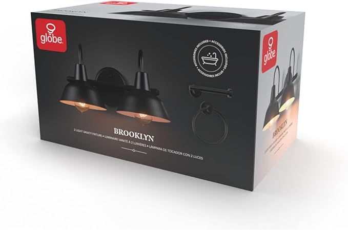 Globe Electric 63000004 3-Piece Bathroom Set, Matte Black, 15.5" 2-Light Vanity Light, Towel Ring, Toilet Paper Holder, Bulb Not Included