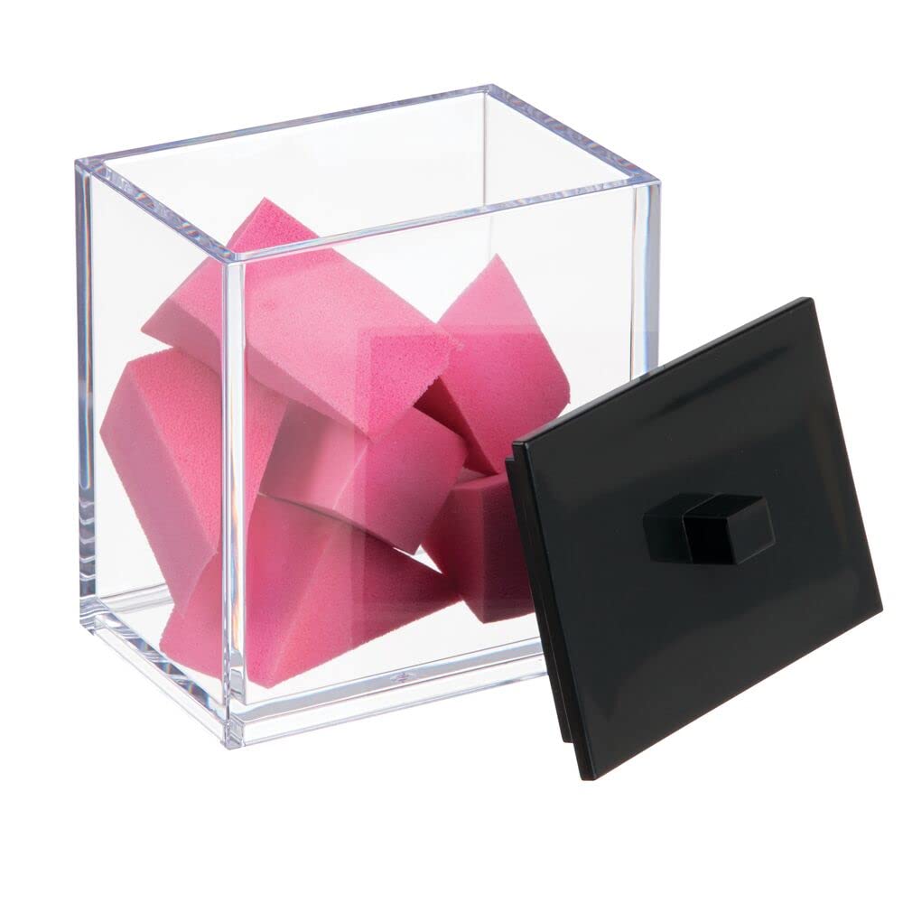 mDesign Plastic Rectangle Apothecary Canister - Organizer for Bathroom Vanity Countertop Shelf Decor - Holds Cotton Swabs, Soap, Makeup, Bath Salts - Lumiere Collection - 2 Pack - Clear/Black