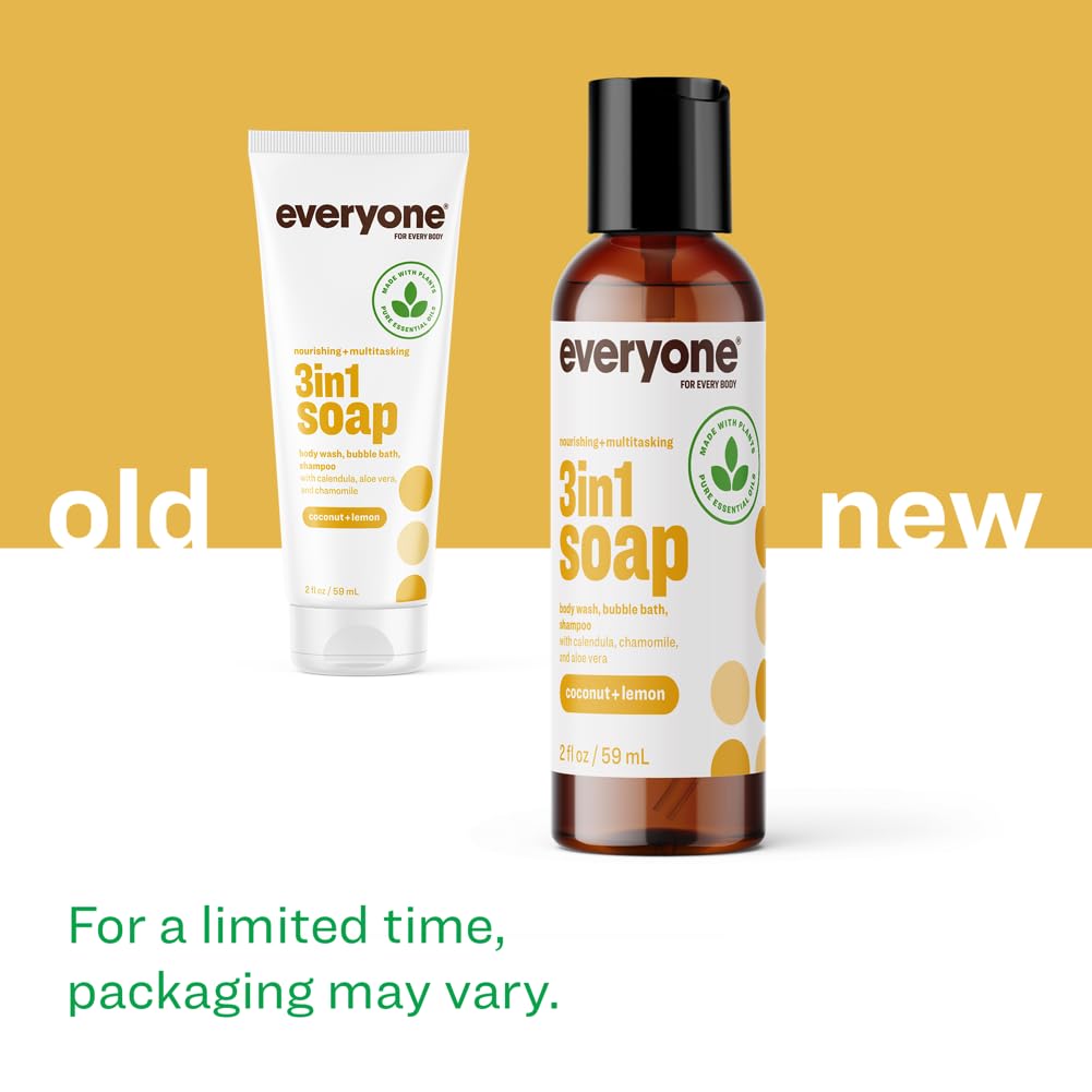 Everyone 3-in-1 Soap Body Wash, Bubble Bath, Shampoo, Travel Size, 2 Ounce (Pack of 12), Coconut and Lemon, made with Essential Oils for Men and Women