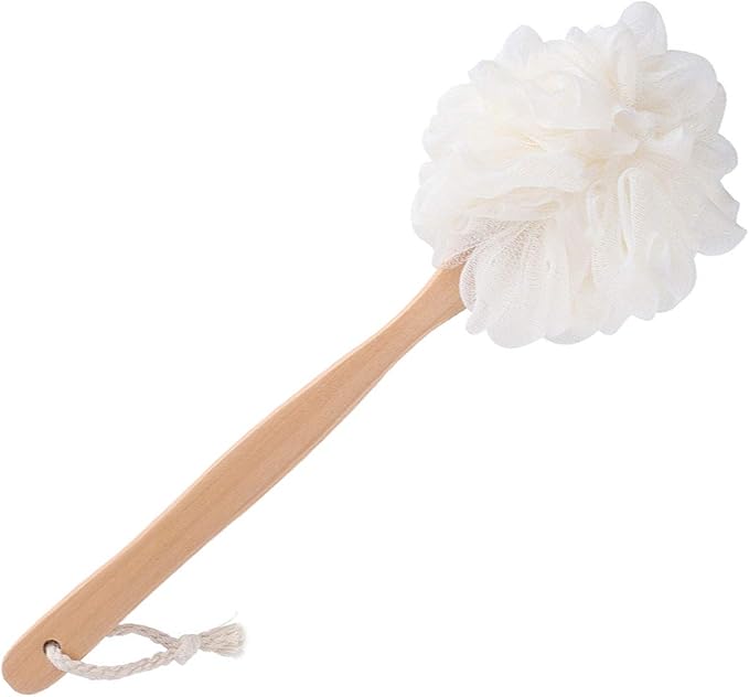 RASDDER White Loofah with Handle - Back Scrubber for Shower, Exfoliating Body Sponge with Soft PE Mesh and Wood Stick, Clean Look Bath Accessory for Men and Women