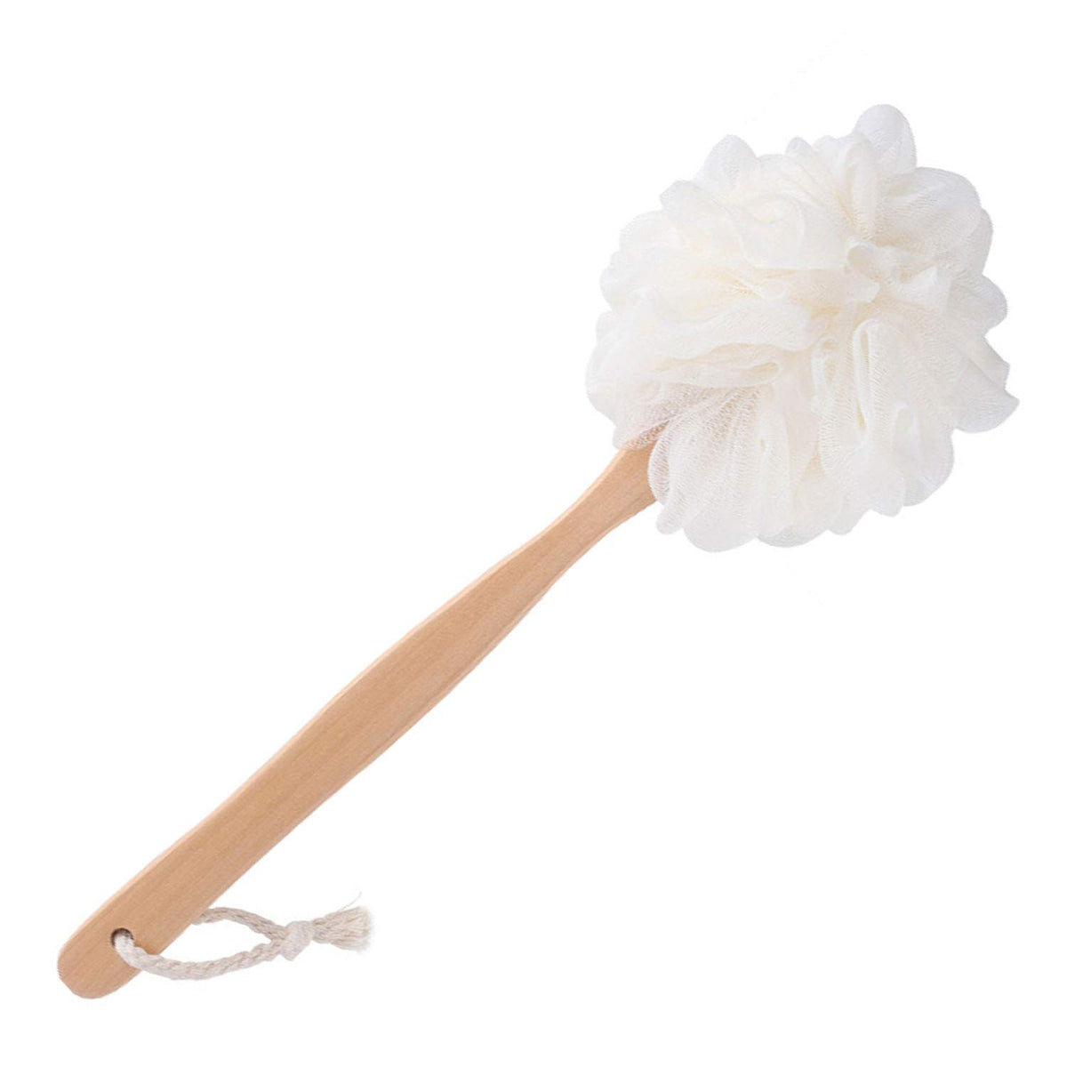 RASDDER White Loofah with Handle - Back Scrubber for Shower, Exfoliating Body Sponge with Soft PE Mesh and Wood Stick, Clean Look Bath Accessory for Men and Women