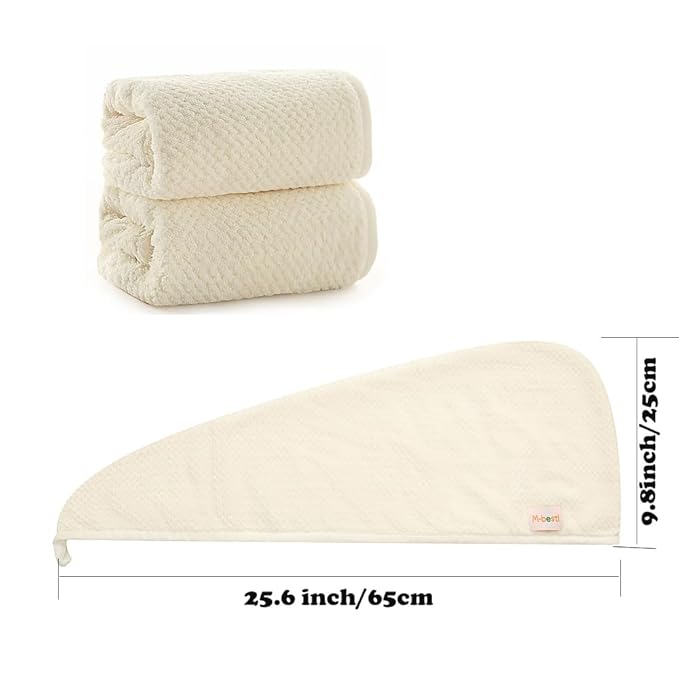 M-bestl 2 Pack Microfiber Hair Towel Wrap,Hair Drying Towel with Button, Absorbent and Soft,Anti-frizz Towel to Dry Hair Quickly(Beige&Beige)