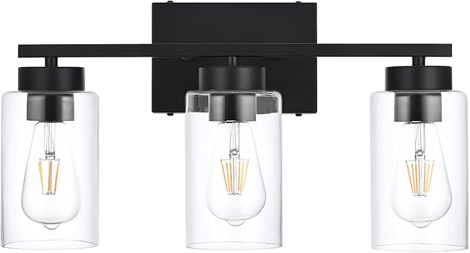 A1A9 3-Light Bathroom Vanity Light, Modern Black Wall Lights with Clear Glass Shades, Bathroom Wall Sconce Lamp for Mirror Living Room Bedroom Hallway