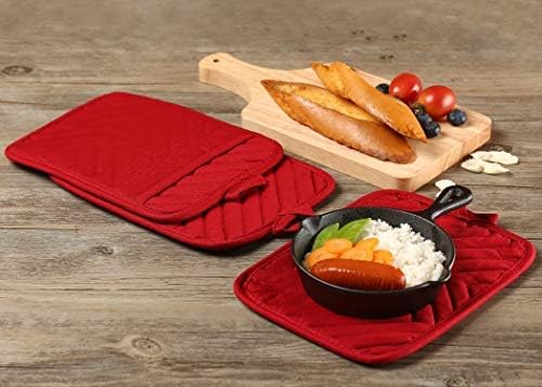 VEIKERY Oven Pot Holder with Pocket Cotton Heat Resistant Coaster Potholder Kitchen Hot Pad Oven Mitts for Cooking Square 7"x9"Set of 5 (Red)