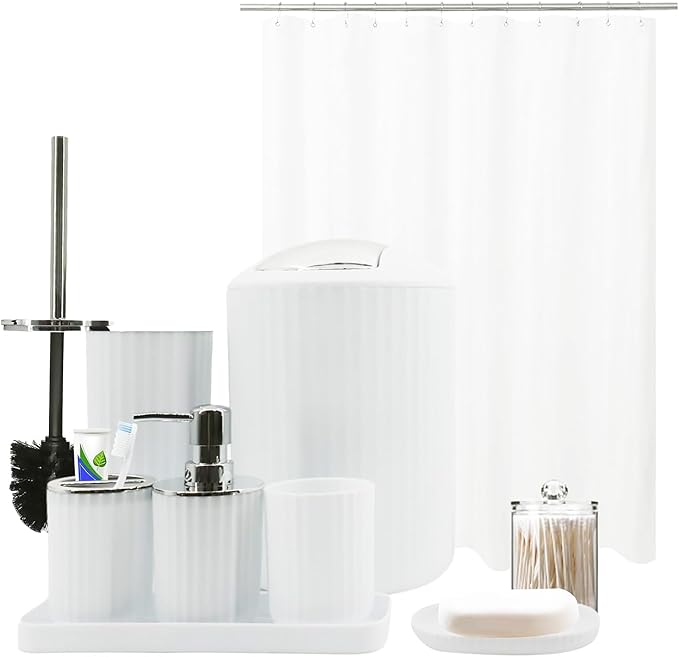 White Bathroom Accessories Set, 10Pcs Bathroom Accessory Sets Complete with Trash Can, Shower Curtain, Vanity Tray, Soap Dispenser, Soap Dish, Toothbrush Holder&Cup, Toilet Brush&Holder, Qtip Holder