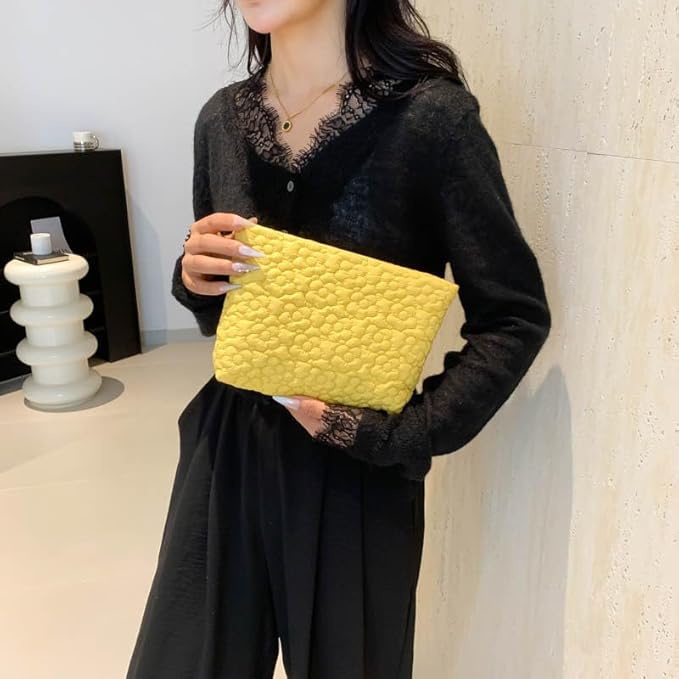 HFLZBRO Puffy Quilted Makeup Bag for Women, Cosmetic Bag, Travel Toiletry Organizer Pouch Clutch (Yellow Flowers)