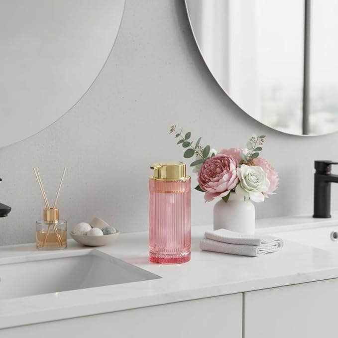 Tonxus Foaming Soap Dispenser, Pink Glass Foam Hand Soap Dispenser with Gold Pump, 14 Oz Bathroom Refillable Liquid Lotion Pump Ribbed Bottle Container for Kitchen Countertop Decor, 1
