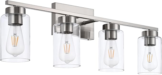 A1A9 4 Light Bathroom Vanity Light Fixtures, Brush Nickel Modern Wall Lights with Clear Glass Shade, Vintage Wall Sconce Lighting for Living Room, Mirror, Bedroom, Hallway (Nickel, 4-Lights)