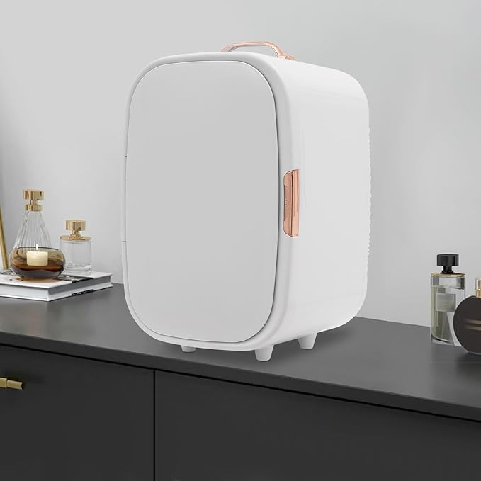 trggvvrt 12L Portable Beauty Fridge with Handle, Compact Fridge for Makeup Lipstick, Cooler & Warmer Cosmetics Refrigerator with Adjustable Shelves for Makeup, Perfumes, Lipsticks (White)