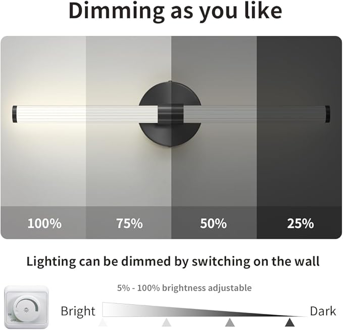 Bathroom Wall Sconces Set of 2 Hardwired, Dimmable 5CCT LED Bathroom Light Fixtures Over Mirror, 360° Full Lighting 23 inch Black Vanity Light Bar Modern Wall Sconce for Bedroom Living Room