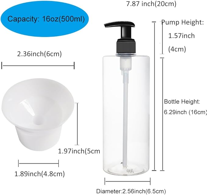 BPFY 6 Pack 16 oz Plastic Pump Dispenser Bottles for Massage Oil, Shampoo, Lotions, Body Wash Pump Bottles, Hand Sanitizer Refillable Containers with Pump, 1 Funnel, 8 Chalk Labels
