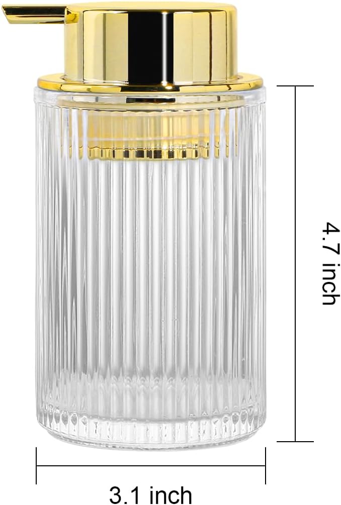 Tonxus Foaming Soap Dispenser, Bathroom Clear Glass Foam Soap Dispenser, Refillable 12 Oz Foam Pump Bottle Container with Gold Pump, Decorative Slim Ribbed Dish Soap Dispenser for Kitchen