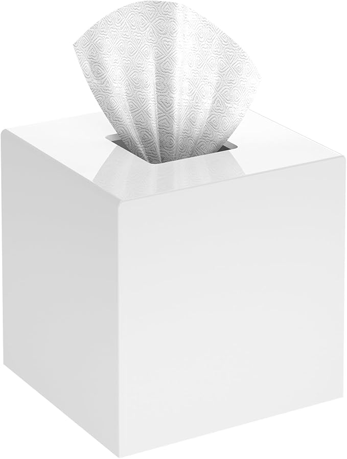 Tissue Box Cover Square, Stylish Acrylic Tissues Holder, Square Facial Tissue Holder, ModernTissue Dispenser for Bathroom Vanity Bedroom Office, Shiny White