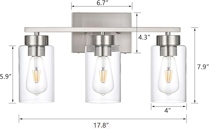 A1A9 3-Light Bathroom Vanity Light, Modern Brushed Nickel Wall Lights with Clear Glass Shades, Bathroom Wall Sconce Lamp for Mirror Living Room Bedroom Hallway