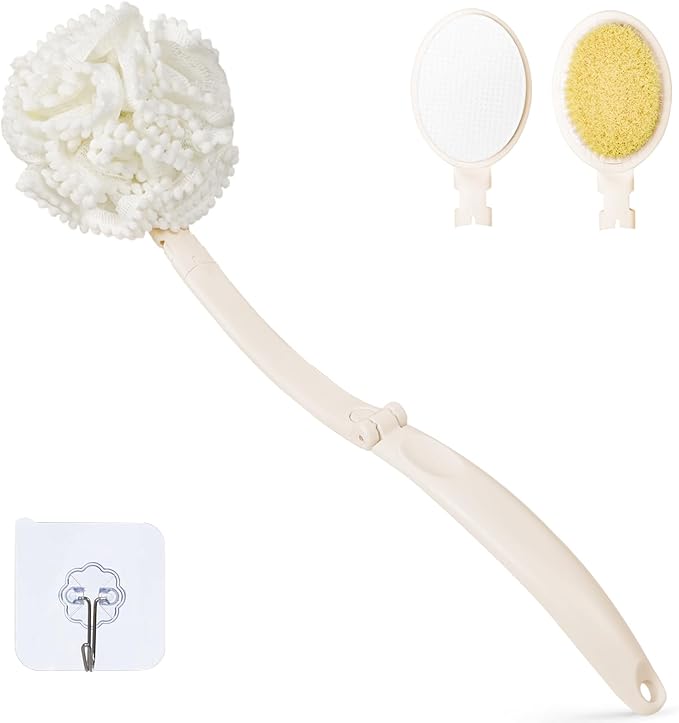 Topfinder Loofah Sponge with Handle,Back Scrubber Brush for Shower, Lotion Applicator for Back,3 in 1 Shower Kit (White loofah)