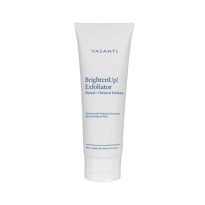 VASANTI BrightenUp! Exfoliator (120g) | Physical + Chemical Facial Exfoliator Scrub with Instant Results for Soft, Smooth and Radiant Skin | Enriched with Papaya, Microcrystals and Aloe | 99% Natural