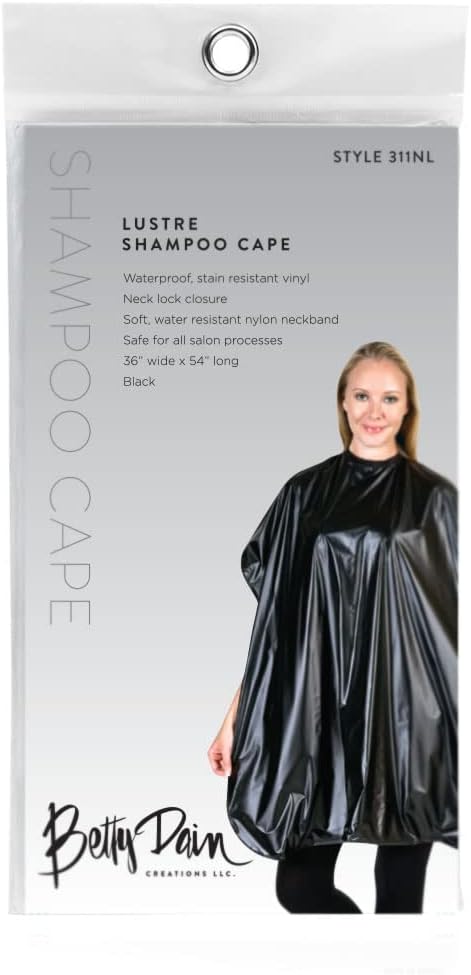 Betty Dain Lustre Shampoo Cape, Waterproof, Stain Resistant Vinyl, Touch-and-close Fastener, Soft Nylon Neckband, Safe For All Salon Processes, 36 inches wide x 54 inches long, Black