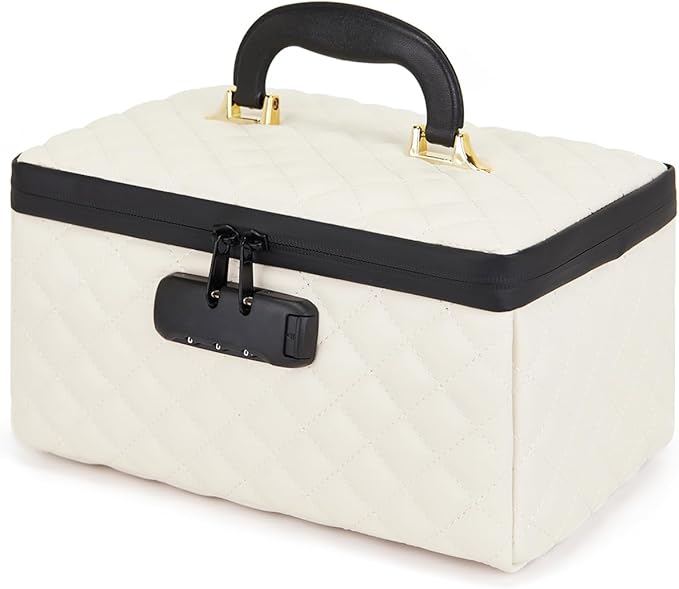 KaAutoler Portable makeup box with Lock, Large Capacity Travel Makeup Case Organizer, Makeup Bags for Girls Traveling With Handle and Divider Makeup Bag (off-white)