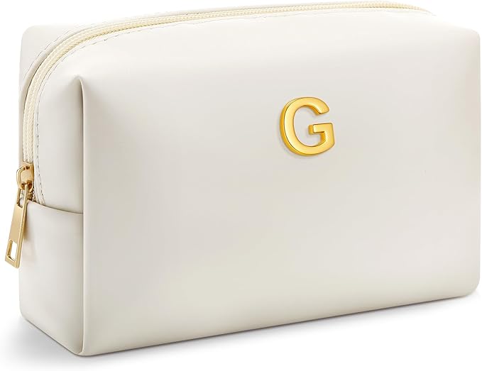 Kigeli Gifts for Women Teen Girls Gifts for Bridesmaid Mom Teachers Graduation Birthday Wedding Personalized Initial Makeup Bag Beige PU Leather Monogram Cosmetic Waterproof Travel Toiletry Bag(G)