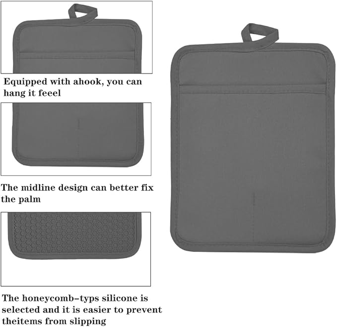 VEIKERY Oven Pot Holder with Pocket Cotton Heat Resistant Coaster Potholder Kitchen Hot Pad Oven Mitts for Cooking and Baking Square 7"x9" (Grey, Silicone)