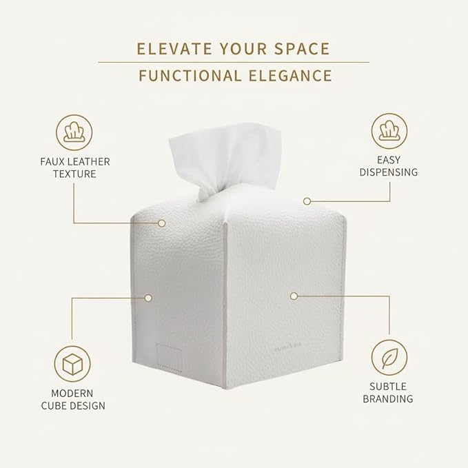 Tissue Box Cover Holder, Square with Bottom Belt by Carrot's Den - PU Leather Decorative Organizer for Tabletop, Bathroom, Car, Office | Pastel Gray