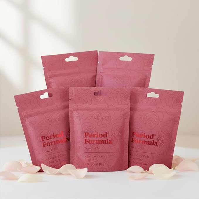 Period Kit/Travel Kit – 5 Kits -Sanitary Pad & Liner, Hand Sanitizer, Disposal Bag – Feminine Hygiene Essentials Period Formula