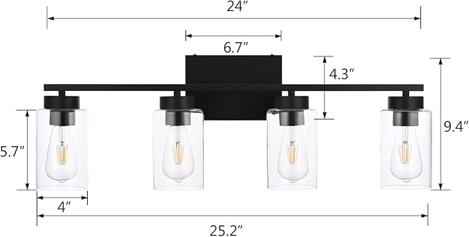 A1A9 4 Light Bathroom Vanity Light Fixtures, Matte Black Modern Wall Lights with Clear Glass Shade, Vintage Wall Sconce Lighting for Living Room, Mirror, Bedroom, Hallway (Black, 4-Lights)