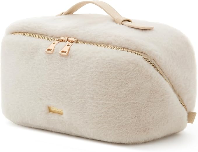 EACHY Travel Makeup Bag,Cute Faux Fur Cosmetic Bag for Women,Portable 180°Wide-Open Flat Make Up Bag,Large Capacity Makeup Pouch Make Up Organizer with Divider and Handle