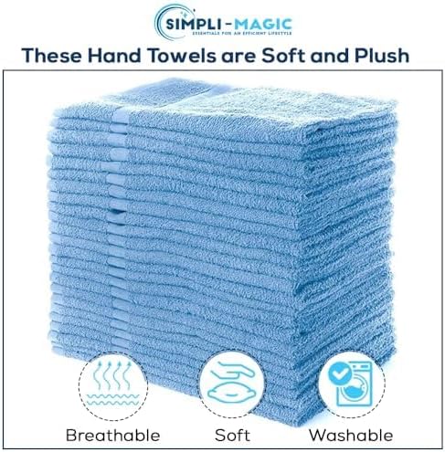 Simpli-Magic Cotton Hand Towels 16"x27" (12 Pack) – Soft Towels for Bathroom, Kitchen, Salon & Gym (Blue)