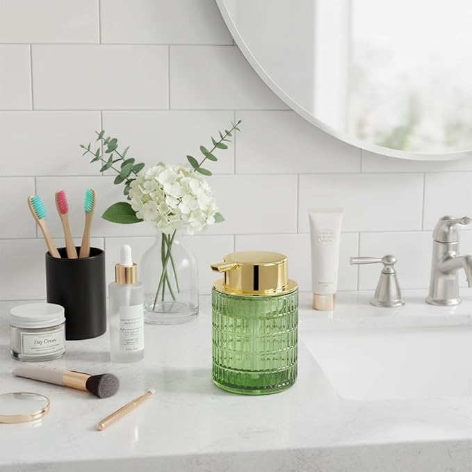 Tonxus Foam Soap Dispenser, Green Glass Foaming Soap Dispenser, 10 Oz Refillable Hand Soap Dispenser Liquid Lotion Pump Container Ribbed Bottle for Bathroom Countertop Decor