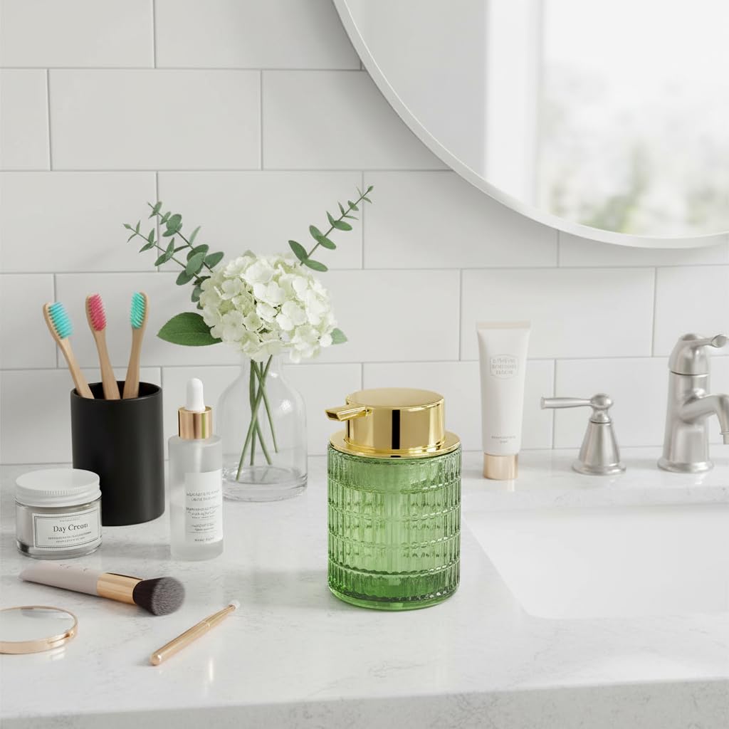 Tonxus Foam Soap Dispenser, Green Glass Foaming Soap Dispenser, 10 Oz Refillable Hand Soap Dispenser Liquid Lotion Pump Container Ribbed Bottle for Bathroom Countertop Decor