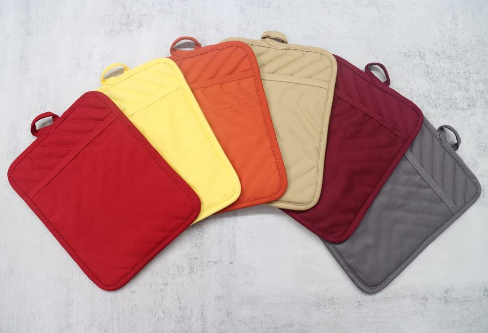 VEIKERY Oven Pot Holder with Pocket Cotton Heat Resistant Coaster Potholder Kitchen Hot Pad Oven Mitts for Cooking Square 7"x9"Set of 5 (Burgundy red, 5)