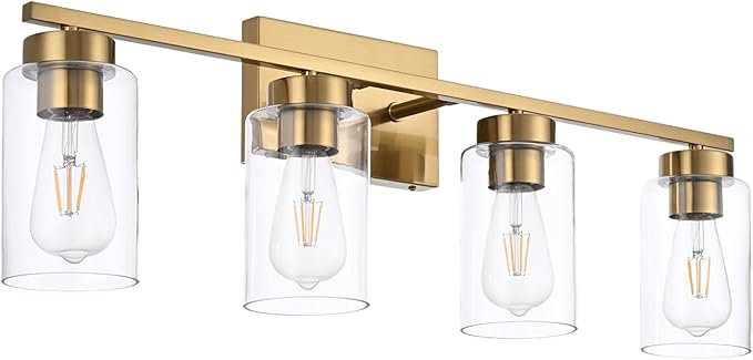 A1A9 4 Light Bathroom Vanity Light Fixtures, Brushed Brass Modern Wall Lights with Clear Glass Shade, Vintage Wall Sconce Lighting for Living Room, Mirror, Bedroom, Hallway (Gold, 4-Lights)