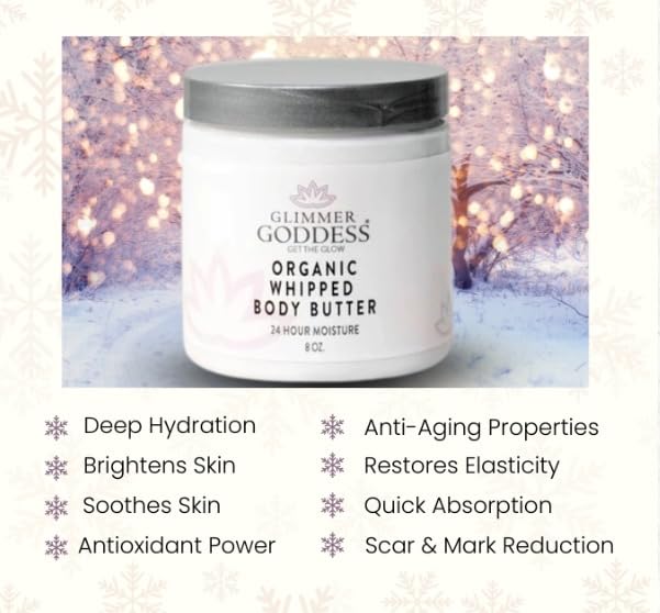 Glimmer Goddess Organic Whipped Body Butter for Women - Moisturizer Cream with Shea & Cocoa Butter, Almonds & Coconut Oil - Blood Orange, 8oz