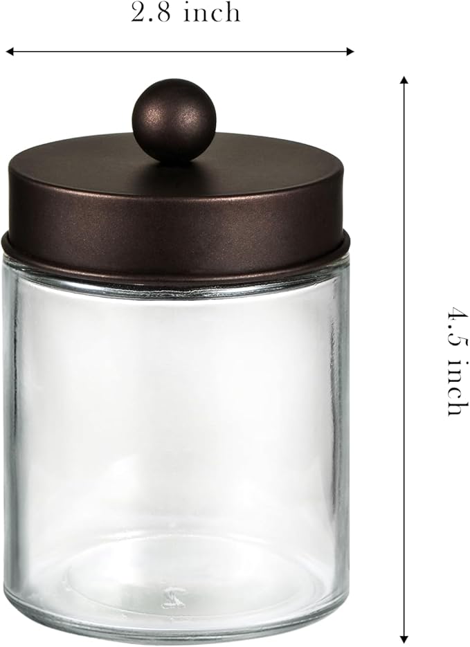 SheeChung Qtip Holder Dispenser for Bathroom Vanity Organizer and Farmhouse Decor - Stylish Glass Apothecary Jar with Stainless Steel Lid and Sticker,Bathroom Countertop Storage Canister(Bronze,3Pack)