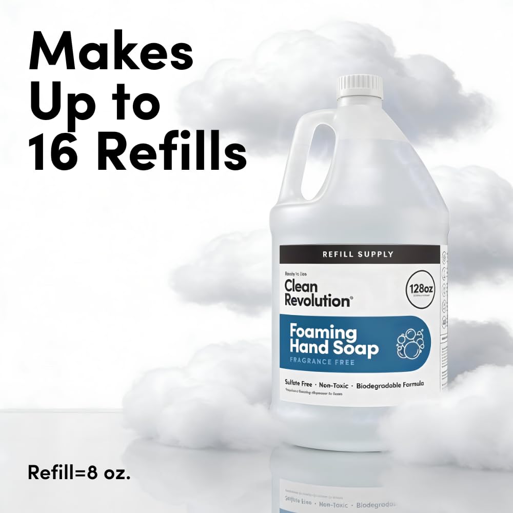 Clean Revolution Fragrance Free Foaming Hand Soap Refill, Moisturizing Sulfate-Free Hand Soap, Ready-to-Use Foam Soap Refill for Kitchen & Bathroom, Unscented 128 Fl Oz