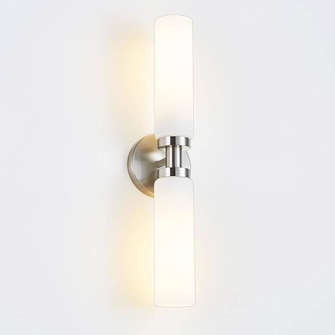 2 Light Brushed Nickel Bathroom Light Fixture Over Mirror, Modern Farmhouse Bathroom Vanity Light with Milky White Frosted Glass Shade, Wall Sconce for Hallway Cabinet Bedroom Porch
