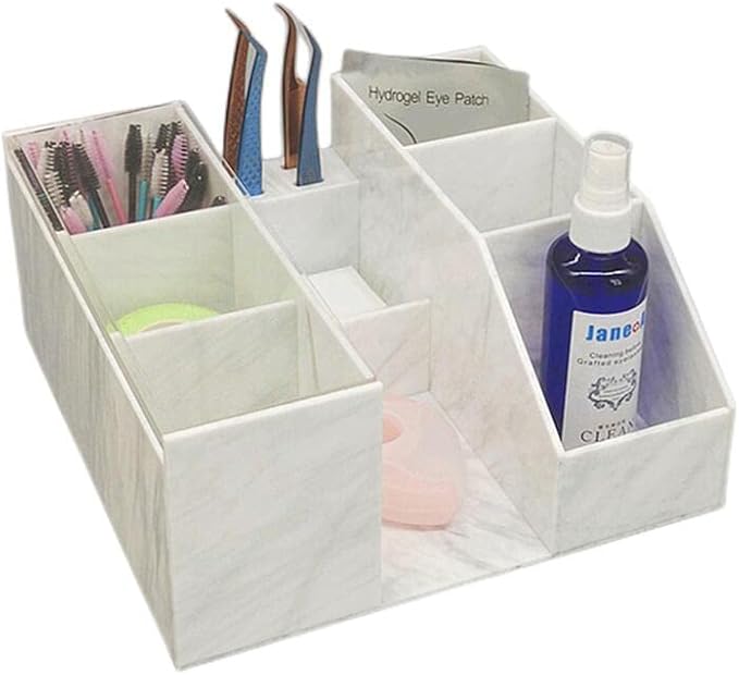 LIXIMMAZN Acrylic Large Capacity Makeup Organizer, Grafting Beauty Extension Supplies Lash Storage Display, Eyelash Storage Case Brush Tweezers Cosmetic Holder (White Marble)