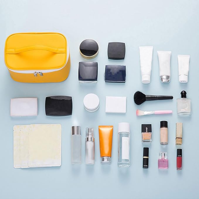 Meiyuuo Travel Makeup Bag for Women, PU Leather Cosmetic Bag, Yellow