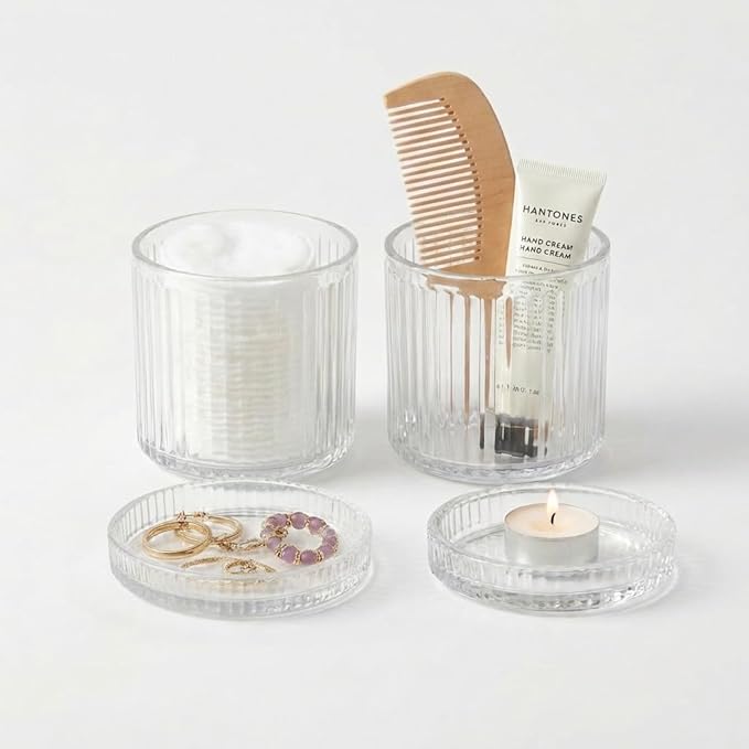 SheeChung Glass Qtip Holder Dispenser Set, 2-Pack Glass Apothecary Jars - Vintage Bathroom Vanity Organizer for Cotton Swabs, Balls, Pads, Floss Picks - Bathroom Accessories Decor