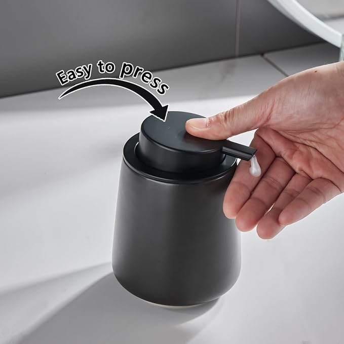 12Oz Hand Soap Dispenser Set - 2 Pack Ceramic Lotion Soap Dispenser Set with Easy-to-Press Black Pump, Refillable Mordern Liquid Dish Soap Dispensers for Bathroom & Kitchen (Black, Liquid Pump)