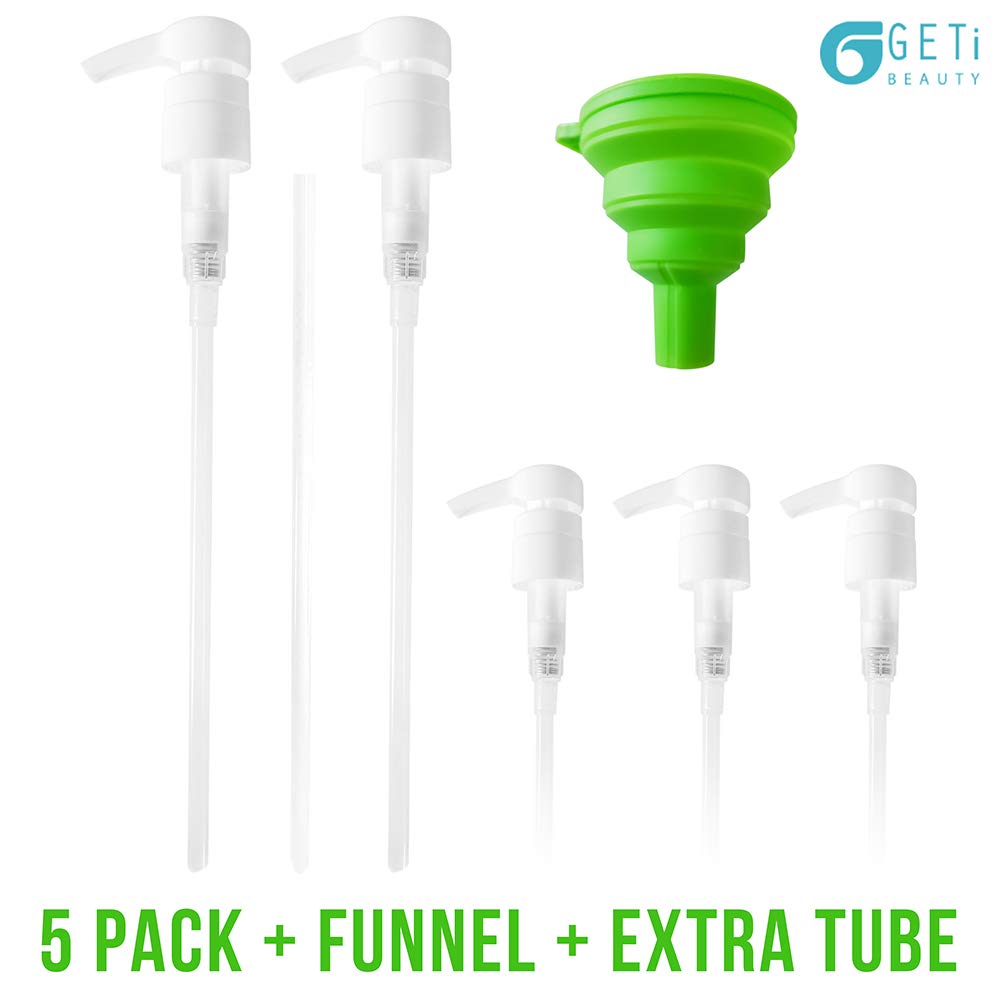 5-Pack Liter 33.8 oz Shampoo Conditioner Pump Dispenser and Funnel | Fits Most Liter Professional Brand Shampoo and Conditioner Containers with a 1-inch Opening | White | 4cc Output | by Geti Beauty