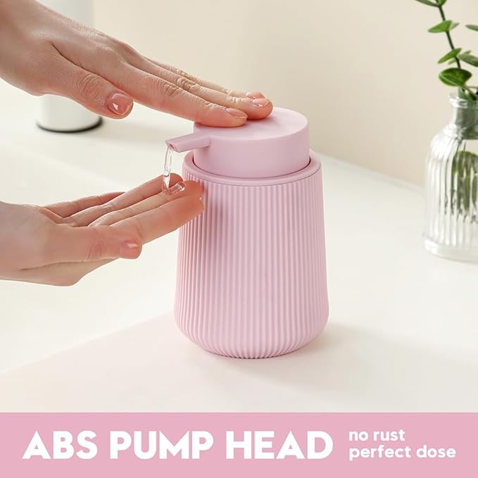 YAUKPH Striped Liquid Hand Soap Dispenser with Leak-Proof Pump for Bathroom and Kitchen Countertop 11 oz Pink