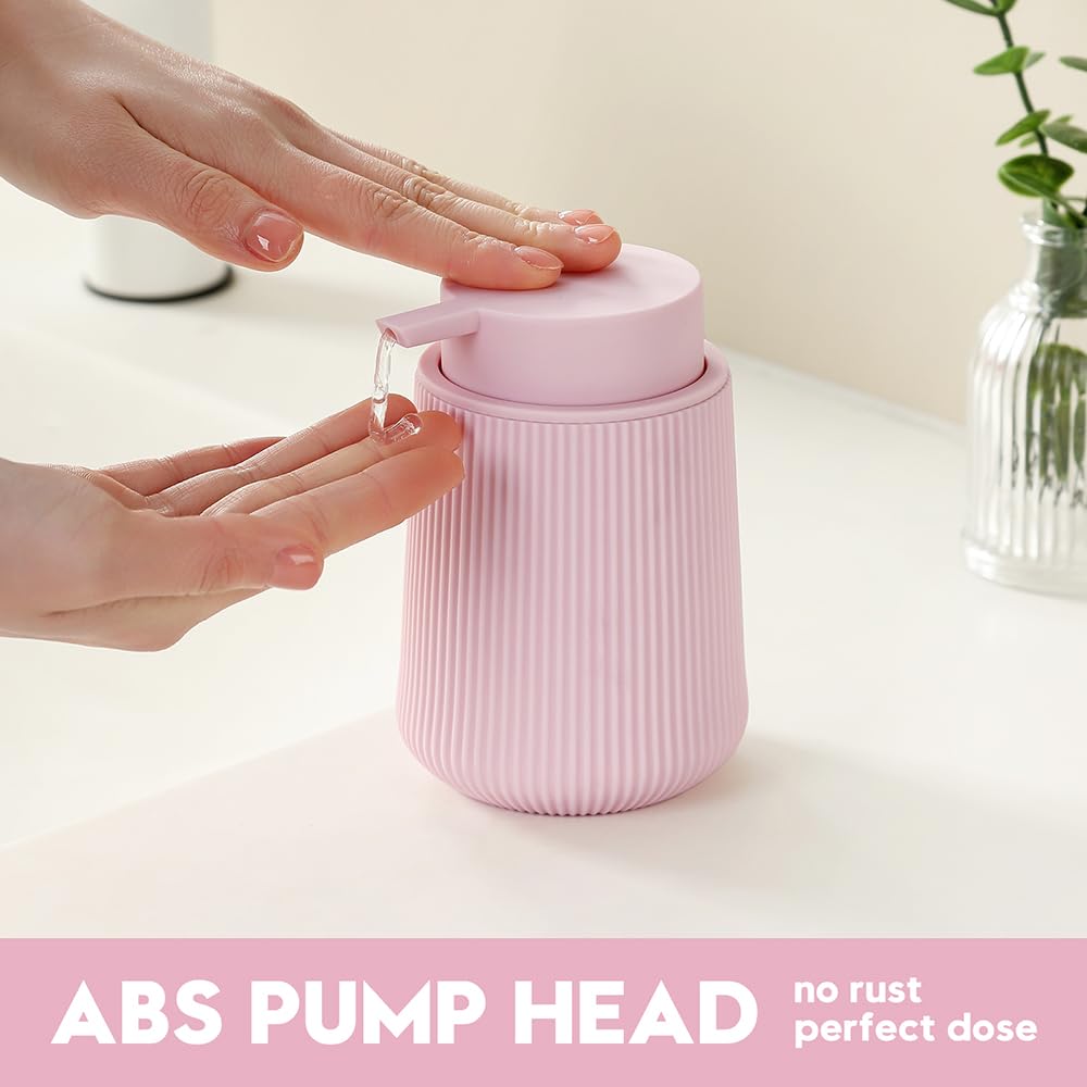 YAUKPH Striped Liquid Hand Soap Dispenser with Leak-Proof Pump for Bathroom and Kitchen Countertop 11 oz Pink