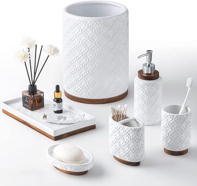 RQYIXI Ceramic 6-Piece Bathroom Accessories Set,with Trash Can