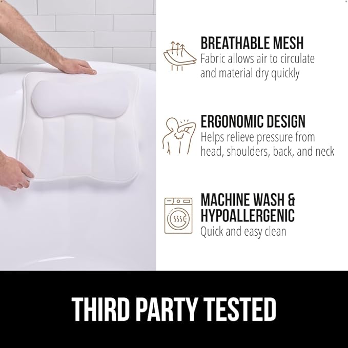 GORILLA GRIP Bath Pillow for Tub, 6 Strong Suction Cups, 4D Mesh FlexComfort Headrest for Neck, Head and Back Support, Luxury Machine Washable Pillows, Bathtub Accessories, Spa Gifts for Women, White