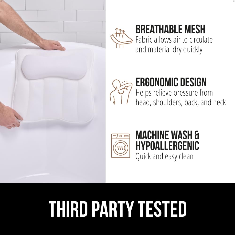 GORILLA GRIP Bath Pillow for Tub, 6 Strong Suction Cups, 4D Mesh FlexComfort Headrest for Neck, Head and Back Support, Luxury Machine Washable Pillows, Bathtub Accessories, Spa Gifts for Women, White