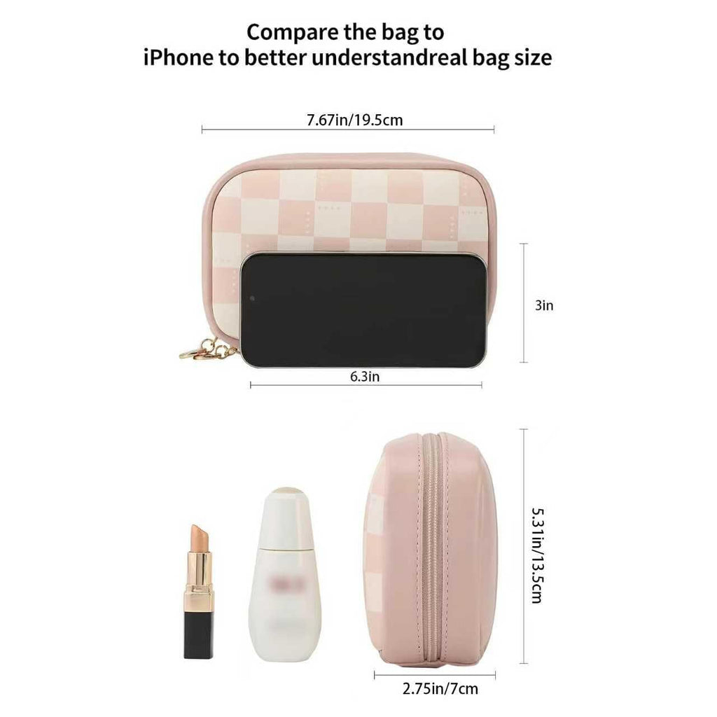 RIGHT AWAY Makeup Bag,Travel Cosmetic Bag Organizer with Zipper,Waterproof Toiletry Bags Makeup Pouch for Purse, Small Make Up Bag &Cases with Compartments for Women Girls（Pink Checkerboard）